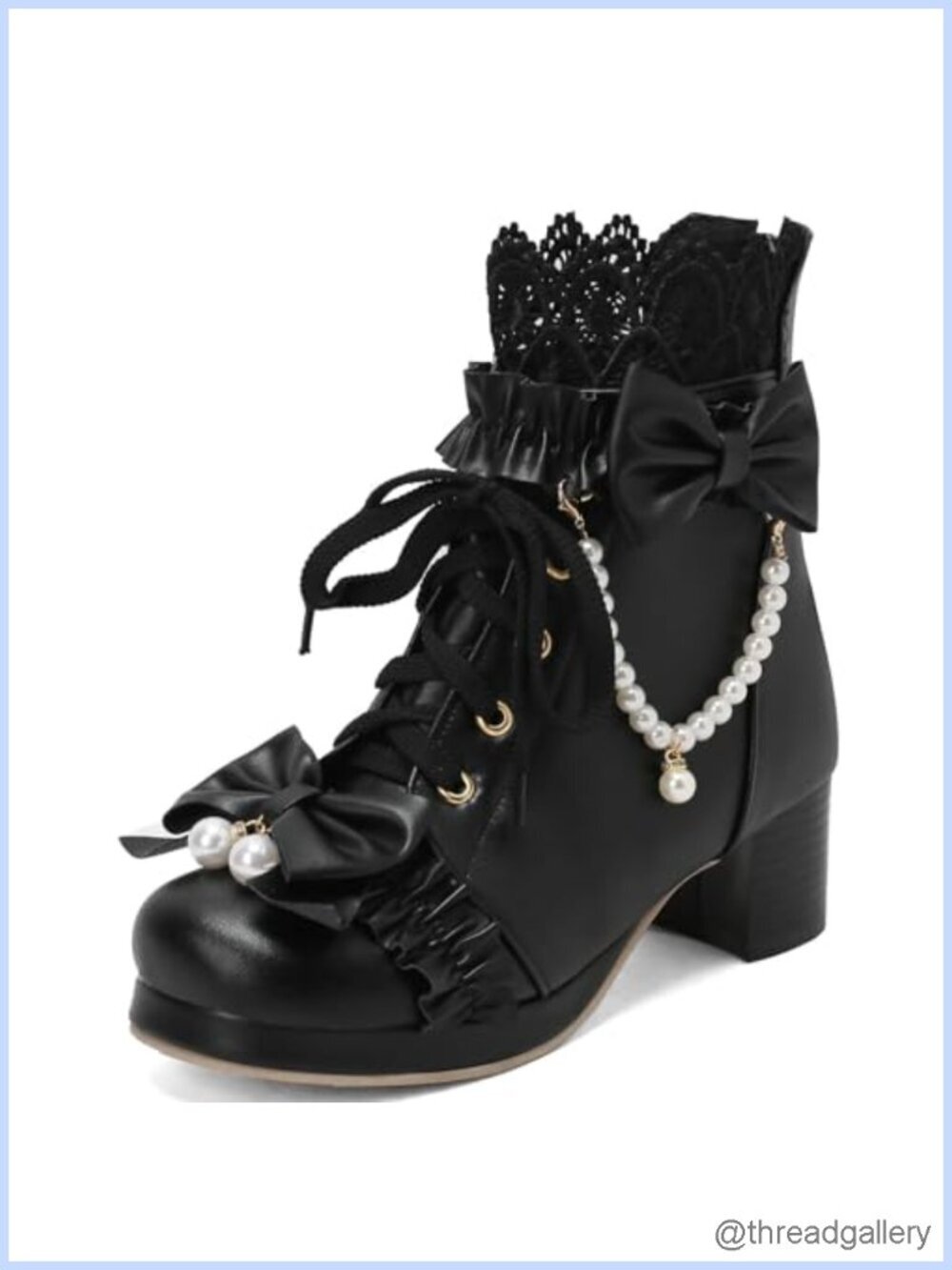 Chunky Mid Heel Lace Up Ankle Boots with Bow Platform Booties